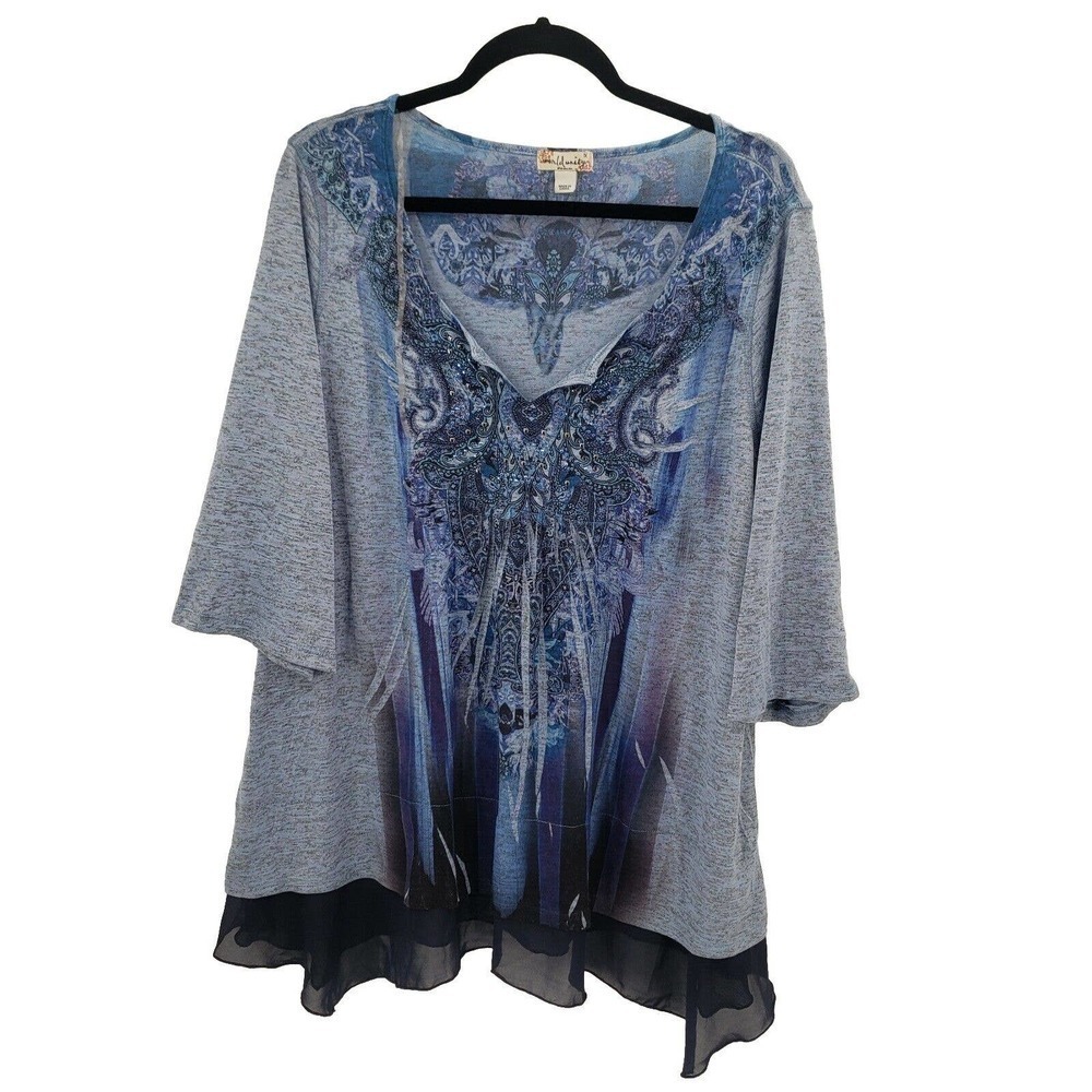 World Unity Blue Tie Dye Knit Top Womens 1x V Neck Chiffon Trim Rhinestone